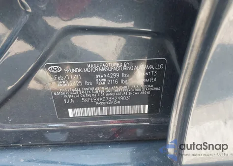 2011 Hyundai Sonata Gls from USA, damaged, VIN 5NPEB4AC7BH249031